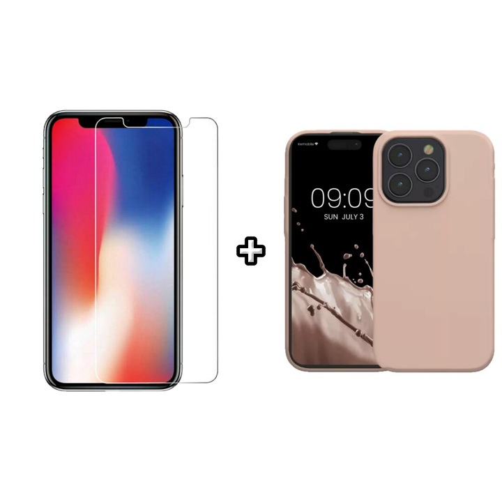 Szilikon tok és üvegfólia készlet, Apple iPhone 16 Pro-val kompatibilis, átlátszó , púderrózsaszín, HQM védelem