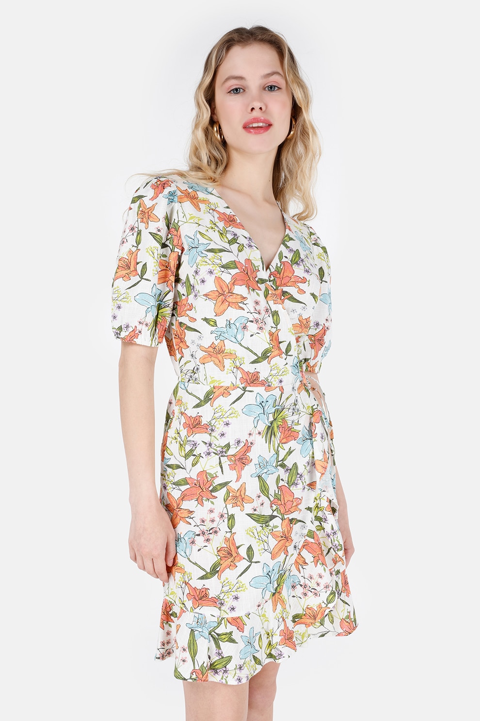 COLIN'S, Rochie din amestec de in cu model floral, Alb, Portocaliu, Albastru, M