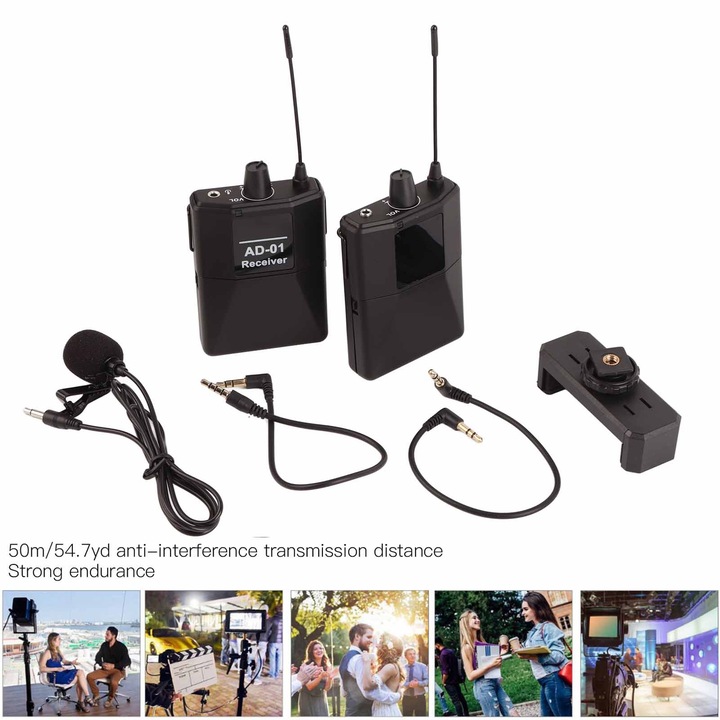 Longziming 16 csatornás UHF vezeték nélküli csíptetős mikrofon, fekete, kamerához és telefonhoz, 50 m hatótávolság