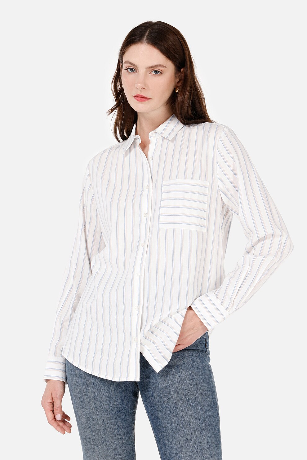 COLIN'S, Camasa din amestec de in cu dungi, Albastru pastel, Alb murdar, Roz pal, XL
