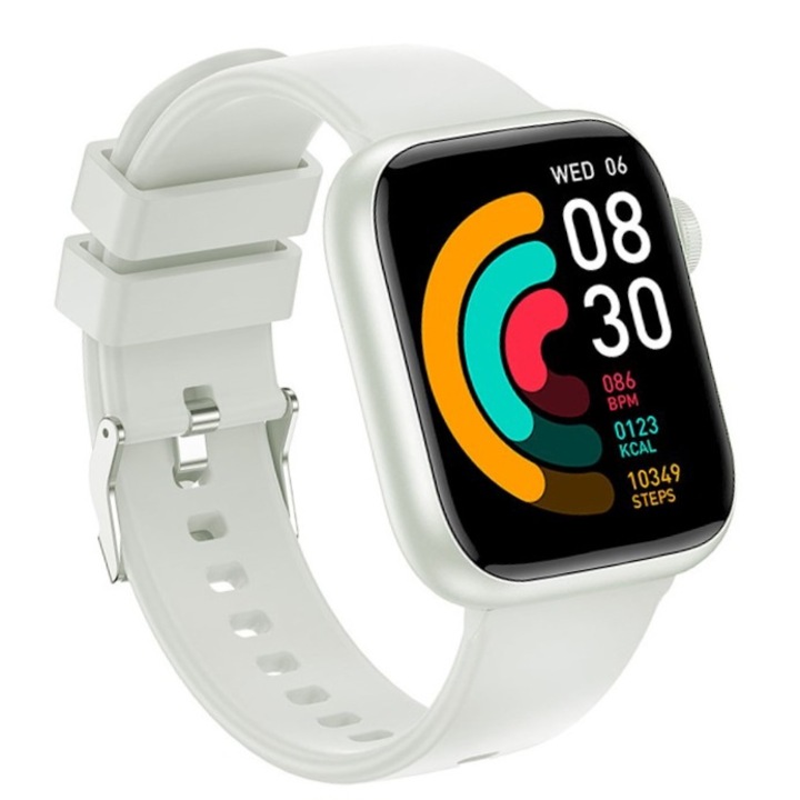 Ceas Smartwatch, Ecran HD 1.83", Preluare Apeluri si Mesaje Bluetooth, Monitorizare Ritm Cardiac, Difuzor si Microfon Incorporat, Alarma, Compatibil Android-IOS, Alb