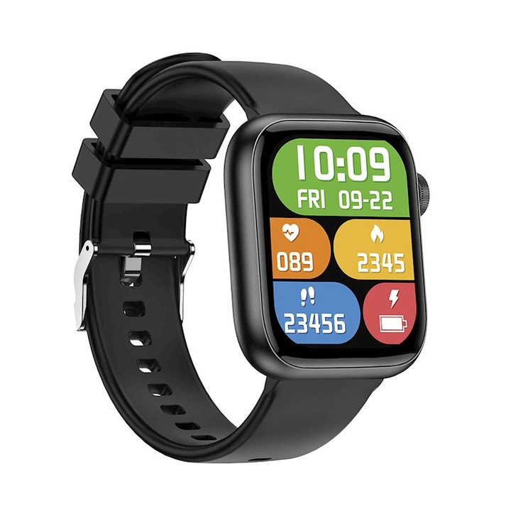 Ceas Smartwatch, Ecran HD 1.83", Preluare Apeluri si Mesaje Bluetooth, Monitorizare Ritm Cardiac, Difuzor si Microfon Incorporat, Alarma, Compatibil Android-IOS, Negru