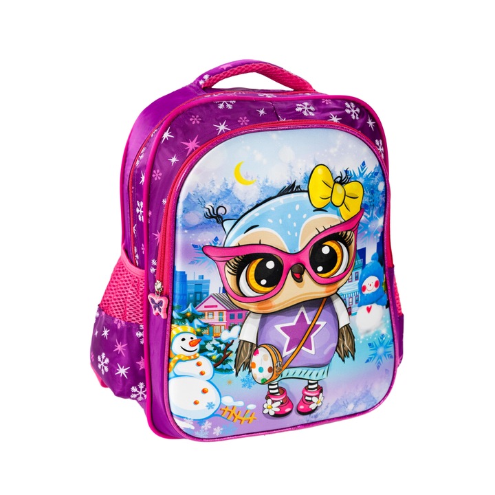 Ghiozdan scolar multifunctional, model bufnita, 2 compartimente, 40x30x15cm, violet, 18L
