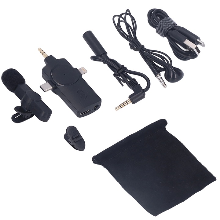 Microfon lavalier wireless 3 in 1 Enforose, distanta de transmisie 120m, reducere zgomot, culoare neagra