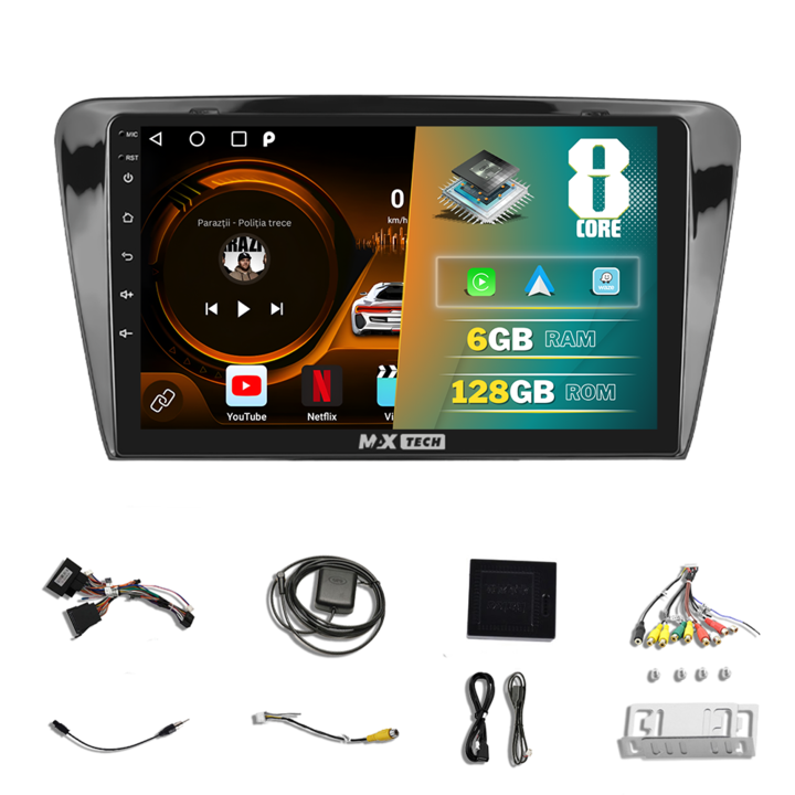 Navigáció Skoda Octavia 3 (2013-2020) dedikált Android, MaxTech®, Android 13, 10 hüvelykes IPS képernyő, 6 GB Ram 128 GB Rom funkciók GPS, Carplay, WIFI, RDS, DSP, rádió, Google Play, Bluetooth, Waze