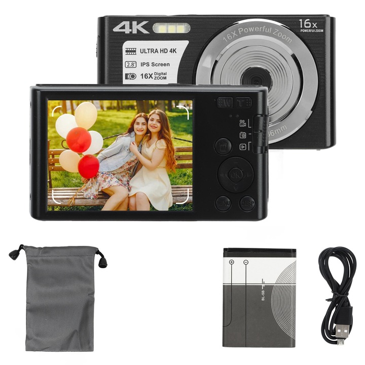 Camera digitala Jormftte 4K, 50MP, 16X zoom, ecran IPS de 2.88in, albastra