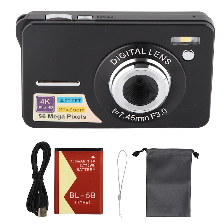 Camera digitala cu ecran dublu 56MP 18X, inregistrare video Microfon incorporat 10ft Rezistent la apa