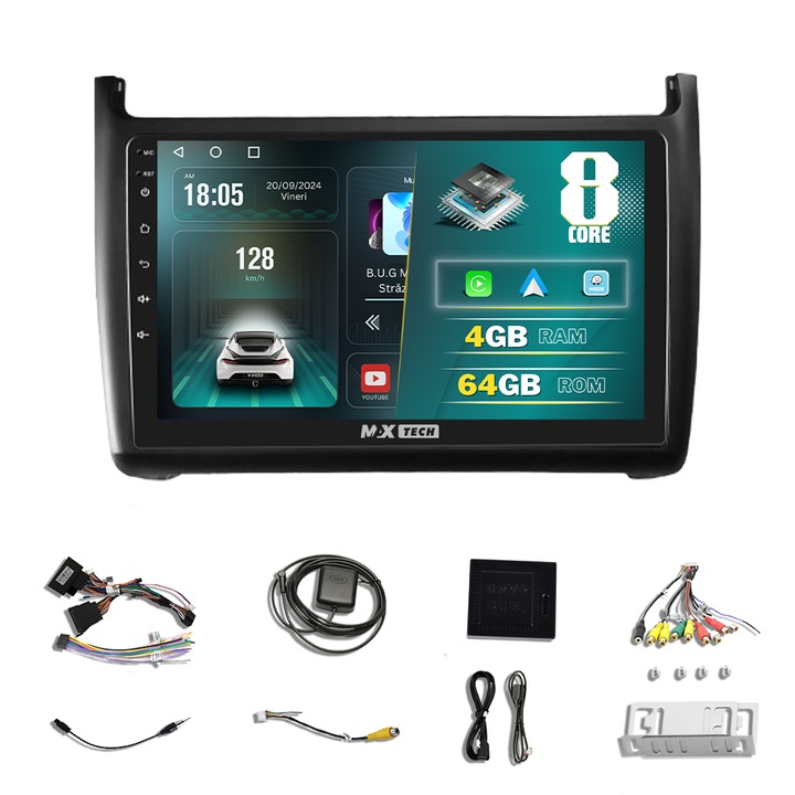 Navigatie Volkswagen POLO ( 2008 - 2019 ) dedicata Android, MaxTech®, Android 13, ecran de 9 inch IPS, EQ, DSP, 4 GB Ram 64 GB Rom functii GPS, Carplay, WIFI, Radio, Youtube, Bluetooth, Waze