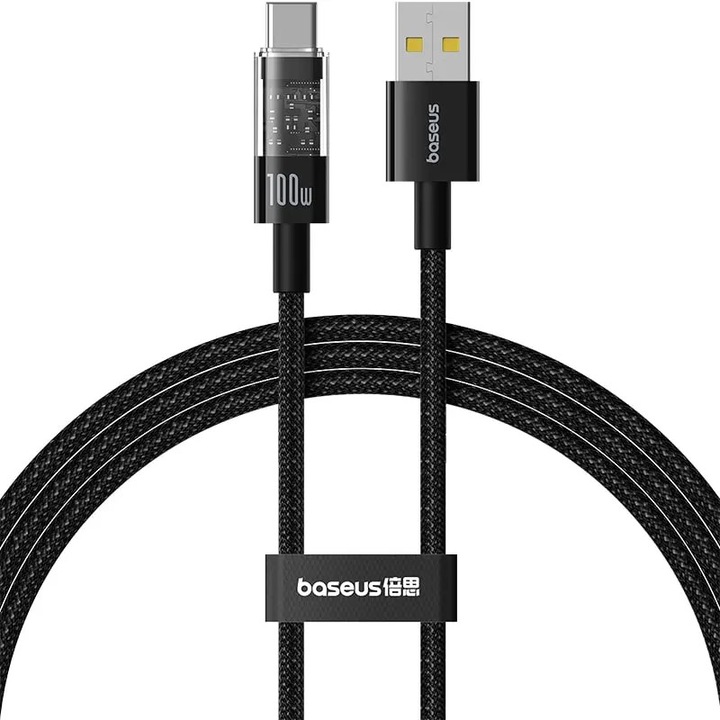 Táp- és adatkábel Baseus Gem, gyorstöltő adatkábel okostelefonhoz, USB - USB Type-C 100W, 1m, fekete "P10373002111-00" (zöld bélyeg 0,08 lej) - 6932172658748