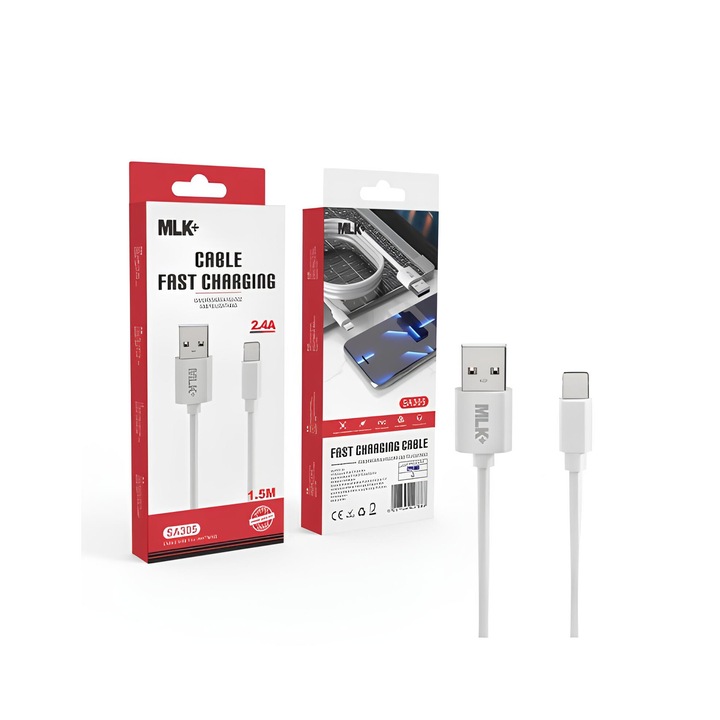 Cablu date si incarcare rapida MLK+, USB - Lightning, Fast Charge, Compatibil cu iPhone si iPad, 2.4A, 1.5m, Alb
