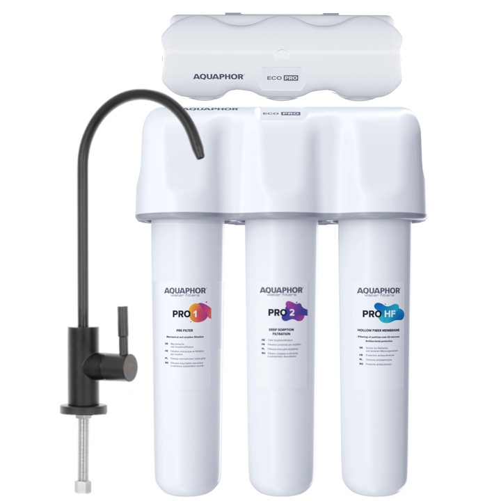 Филтър за питейна вода Aquaphor Crystal ECO PRO (PRO 1, PRO 2, PRO HF), с черен чучур