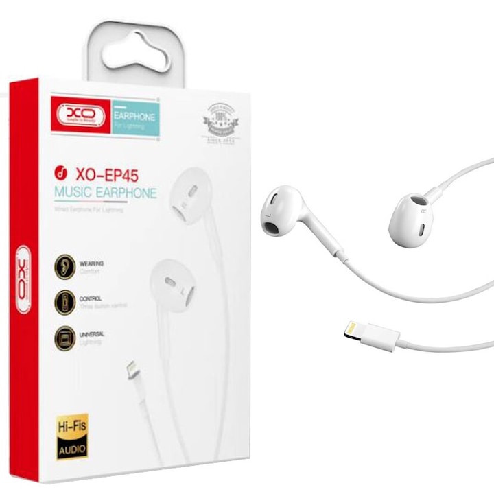 Слушалки с Lightning Wire, XO-EP45, съвместими с iPhone, 1,2 м кабел, микрофон и контрол на звука, бели