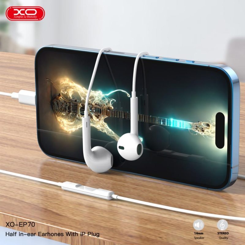 Casti cu Mufa Lightning, XO-EP70, Compatibile iPhone, Cablu 1.2m, Microfon si Control muzica, Alb