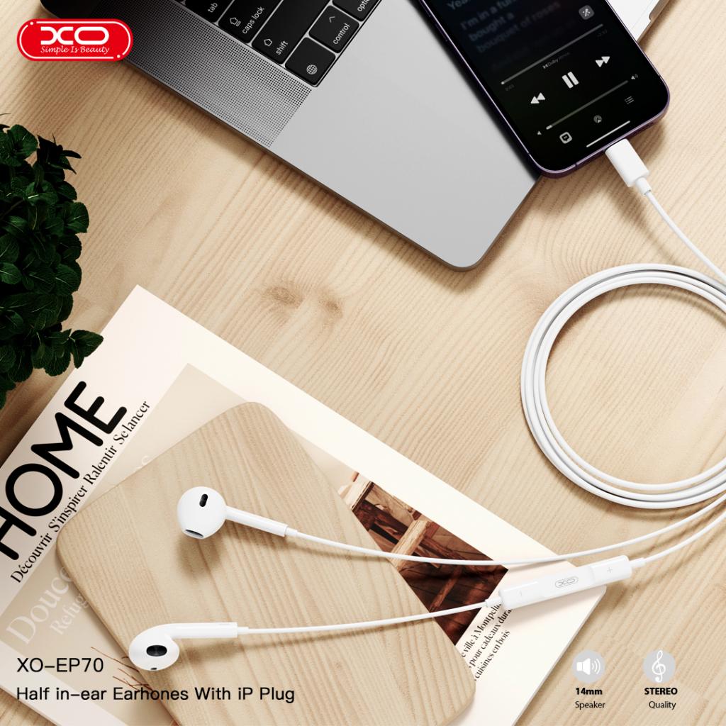 Casti cu Mufa Lightning, XO-EP70, Compatibile iPhone, Cablu 1.2m, Microfon si Control muzica, Alb