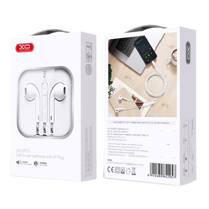 Casti cu Mufa Lightning, XO-EP70, Compatibile iPhone, Cablu 1.2m, Microfon si Control muzica, Alb