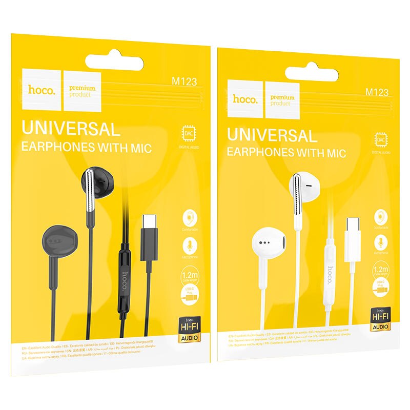 Casti cu Fir, Mufa Type-C, Hoco M123 Glory, Compatibile iPhone 15/16 si Android, 1.2m, Microfon si Butoane de control, Negru