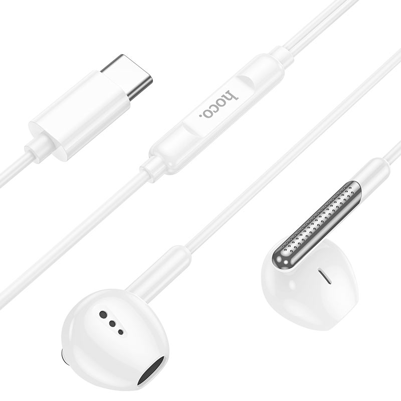 Casti cu Fir, Mufa Type-C, Hoco M123 Glory, Compatibile iPhone 15/16 si Android, 1.2m, Microfon si Butoane de control, Alb