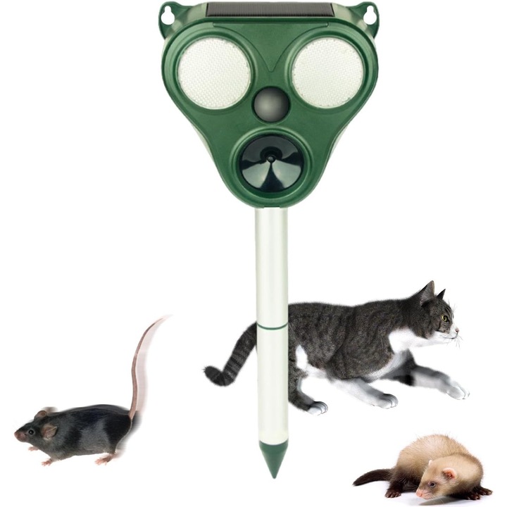 Aparat cu incarcare Solara Anti Rozatoare, Anti Insecte, Anti Pasari, LED cu Ultrasunete, Repelent, Lumina Rosie si Alba, Warerproof, 13 x 14.7 x 24.5 cm, Verzuie