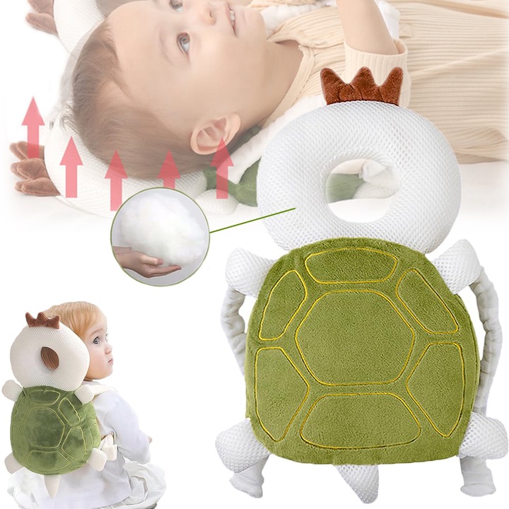 Rucsac de protectie pentru bebelusi, Puepoul, Broasca testoasa verde, Reglabil, material respirabil, antisoc, pentru protejarea capului de cazaturi, Invatarea mersului, din burete, foarte usor, 33x19cm, 0-3 ani