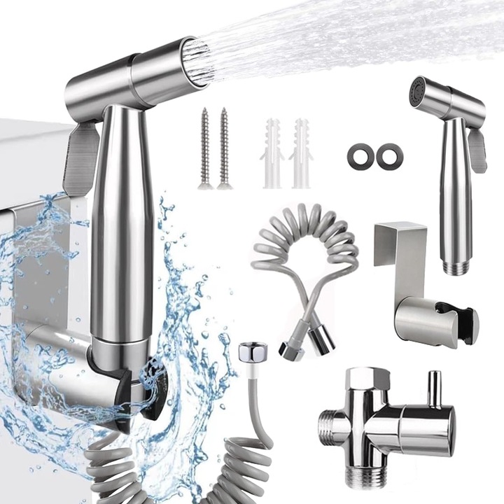 Set dus igienic, Puepoul, Presiune reglabila, Otel inoxidabil, Pentru curatarea toaletei, baie pentru animale de companie, igiena personala, Argintiu