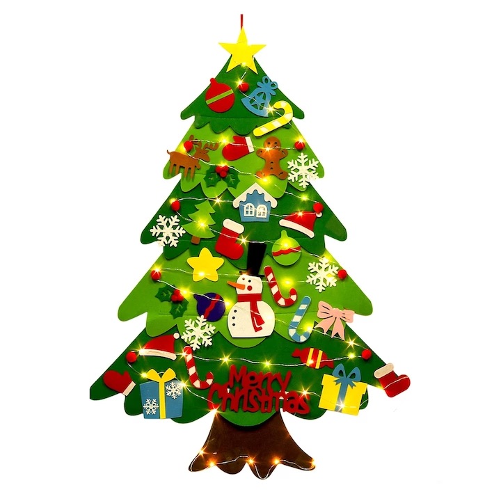 Brad de Craciun din Fetru pentru Copii, cu 32 Ornamente Detasabile si Instalatie LED, pentru Agatat pe Perete, 70 x 95 cm