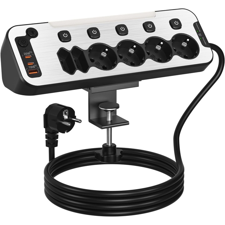 6 csatlakozós fali/sarok hosszabbító kábel kapcsolóval, 2 db USB-C PD 20W töltéssel, 1 db USB-A QC 18W, éjszakai lámpa, asztali rögzítéssel és 2 méteres kábellel
