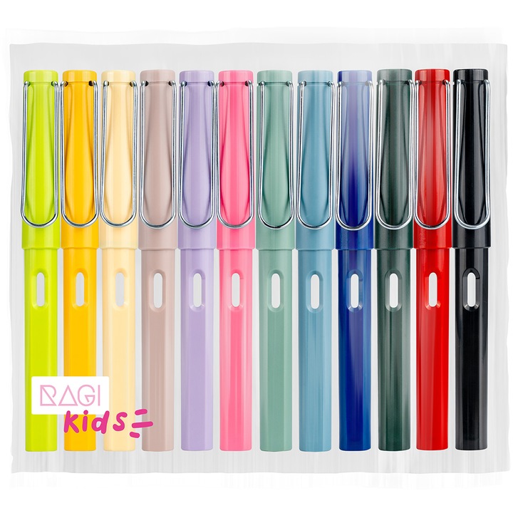 Creioane colorate infinity fara ascutire RAGI, 12 buc, Multicolor, Cu capeti interschimbabili, Detasabil durabile si rezistente, Cu radiera