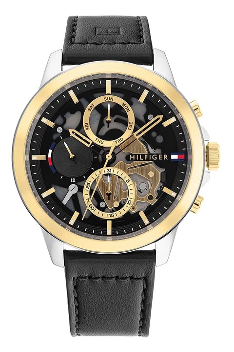 Tommy Hilfiger, Két színárnyalatú karóra bőrszíjjal, Fekete