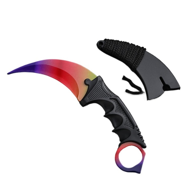 Rozsdamentes acél Karambit edzőkés, 19cm, tokkal, műanyag, 118g