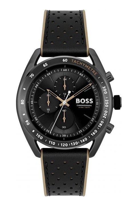 BOSS, Часовник от неръждаема стомана с кожена каишка, Тъмнокафяв