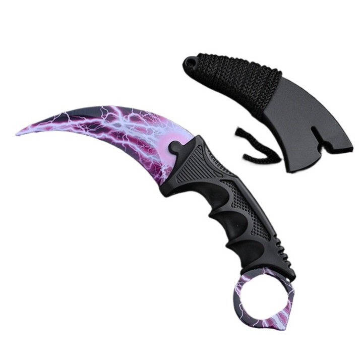 Cutit de antrenament Karambit din otel inoxidabil, 19cm, lama 8.5cm, cu teaca, plastic