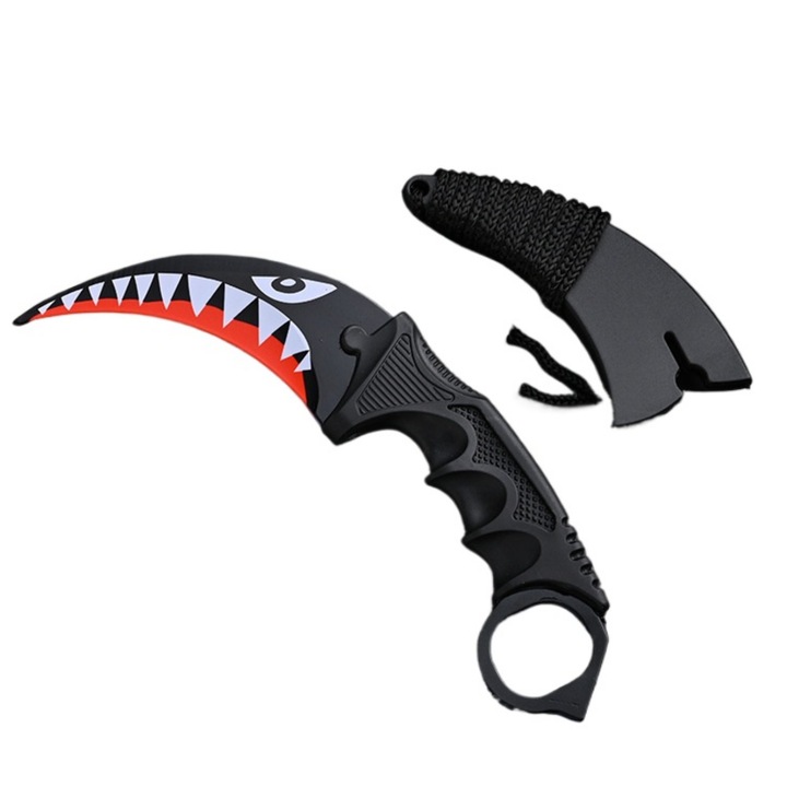 Rozsdamentes acél Karambit edzőkés, 19 cm, penge 8,5 cm, tokkal, műanyag