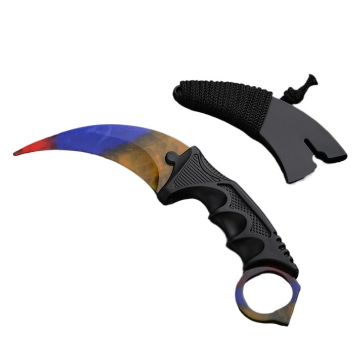Rozsdamentes acél Karambit edzőkés, 19cm, tokkal, műanyag, 118g