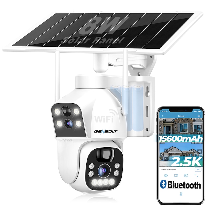 Camera de supraveghere duble Cu panouri Solare GENBOLT®, 2.4/5.8Ghz WIFI, 2.5K, acumulatori 15600 mAh, Panou Solar 8W, 4X zoom, culoarea vederii nocturne, Urmarire automata, IP66, stocare card/cloud, comunicare bidirectionala, Apasare alarma, Alba