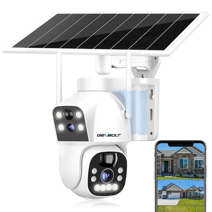 Dupla megfigyelő kamera GENBOLT® napelemekkel, 2MP+2MP Full HD, Wi-Fi 2,4 GHz, 4x zoom, Clear Night Vision mód, intelligens mozgásérzékelők, IP66 vízálló, kártya/felhő tárolás, kétirányú kommunikáció, 12000 mAh akkumulátor, Riasztó APP, Alba