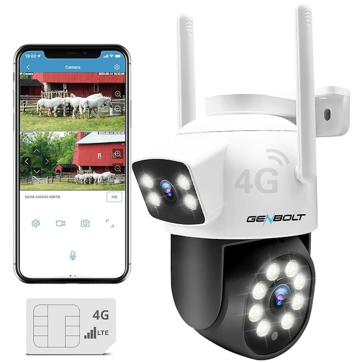 GENBOLT® 4G intelligens kettős megfigyelő kamera SIM-kártya, 4 MP Full HD, kültéri/beltéri, DC12/POE, 4X zoom, 355°-os elforgatás, éjszakai látás színe, kétirányú kommunikáció, riasztás, mozgásérzékelő, fehér