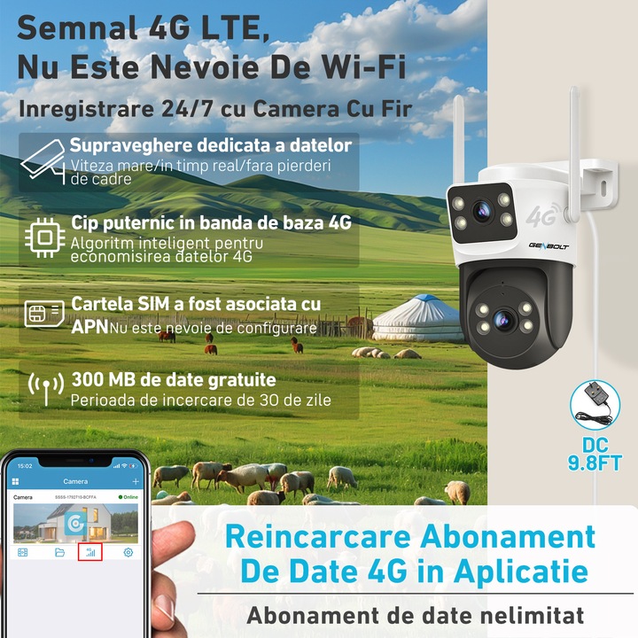 Camera Dubla De Supraveghere Video Cu SIM 4G GENBOLT®, 4MP, Exterior/interior, DC12/POE, 4X zoom, Inregistrare continua 24/7, culoarea vederii nocturne, Stocare Card/Cloud, comunicare bidirectionala, Urmarirea oamenilor, PTZ, Alarma sonora si luminoas
