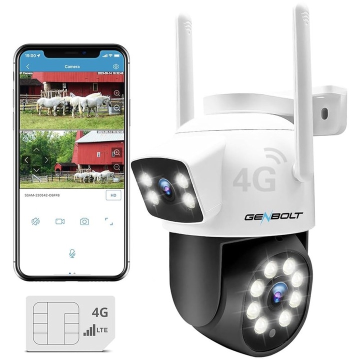 Камера за наблюдение GENBOLT 4G Smart Dual Surveillance Camera SIM Card, 4MP Full HD, Outdoor/Indoor, DC/POE, 4X Zoom, 6+3.6mm,355° ротация, PTZ, нощно виждане цвят, Карта/облачно съхранение, двупосочна комуникация, аларма, сензор за движение, бял/черен