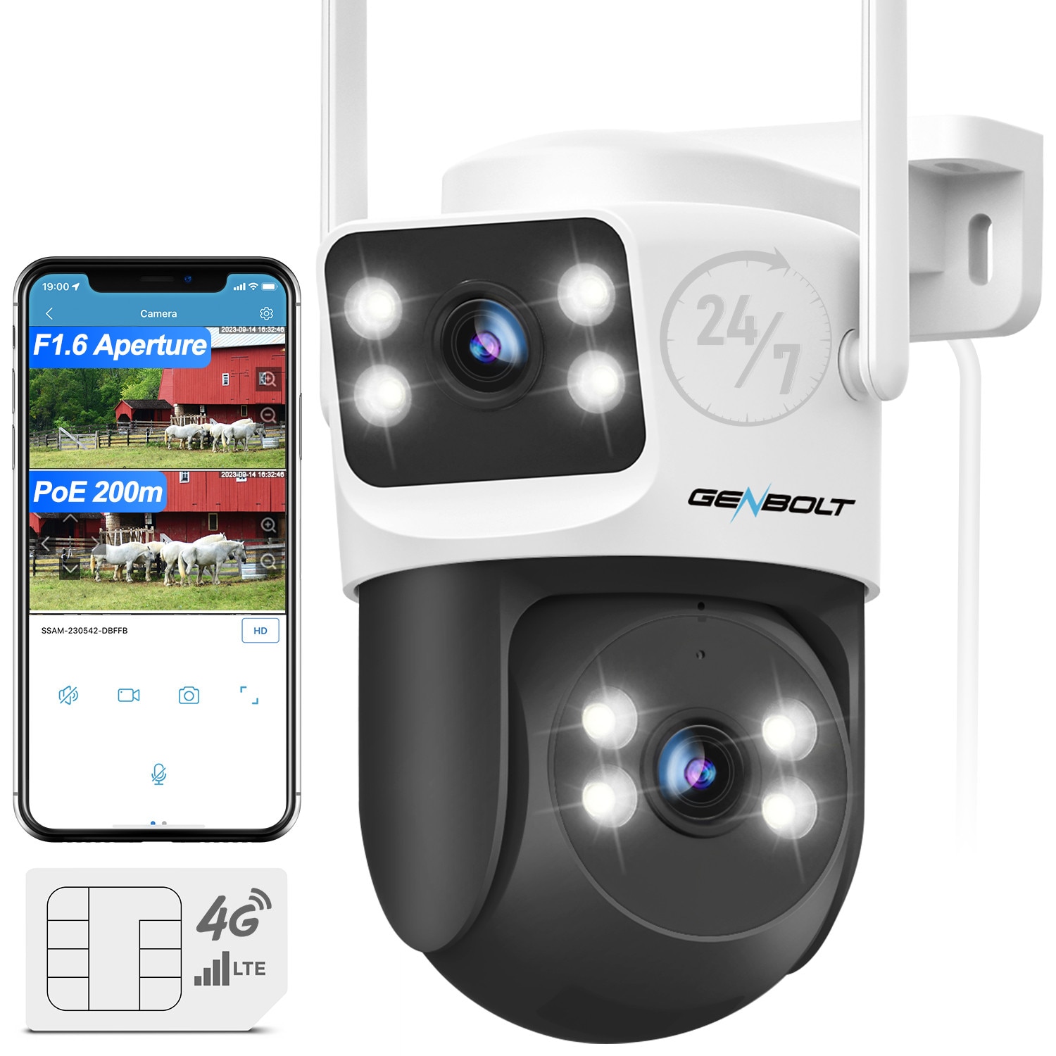Camera Dubla De Supraveghere Video Cu SIM 4G GENBOLT®, 4MP Full HD, exterior/interior, DC12/POE, 4X zoom, Rotire 355° si inclinare 90°, culoarea vederii nocturne, Stocare Card/Cloud, comunicare bidirectionala, Urmarirea oamenilor, PTZ, Alb/negru