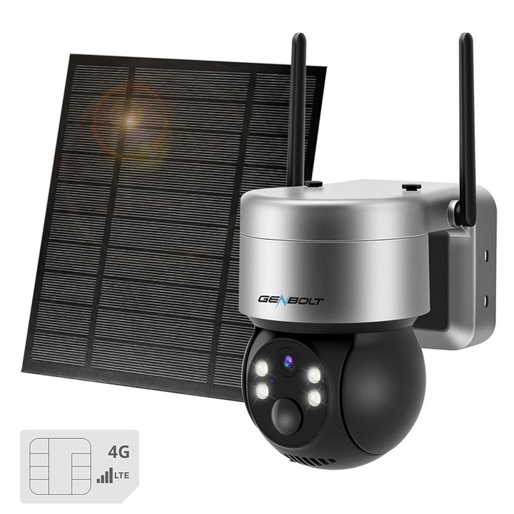Térfigyelő kamera 4G SIM-kártyával és GENBOLT® napelemmel, 3 MP Full HD, Clear Night Vision mód, intelligens mozgásérzékelők, 6,5 W-os napelem, 4X zoom, PTZ, Motion, PIR funkció, kétirányú kommunikáció, kártya/felhőtárolás, akkumulátor 10500 mAh, fekete