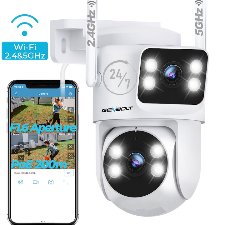 GENBOLT® Двойна WiFi камера за видеонаблюдение, 4MP, за външна/вътрешна употреба, 2.4/5.8Ghz WIFI, DC/PoE, интелигентно проследяване, цветно нощно виждане, двупосочна комуникация, откриване на човек, звукова и светлинна аларма, бяла