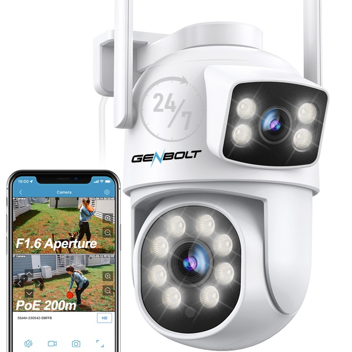 GENBOLT® WIFI Двойна CCTV камера за видеонаблюдение, 4MP Full HD, за външна/вътрешна употреба, 2.4/5.8Ghz WIFI, 4X увеличение, 355° въртене, DC/PoE, цветно нощно виждане, двупосочна комуникация, аларма, проследяване на хуманоид, бяла