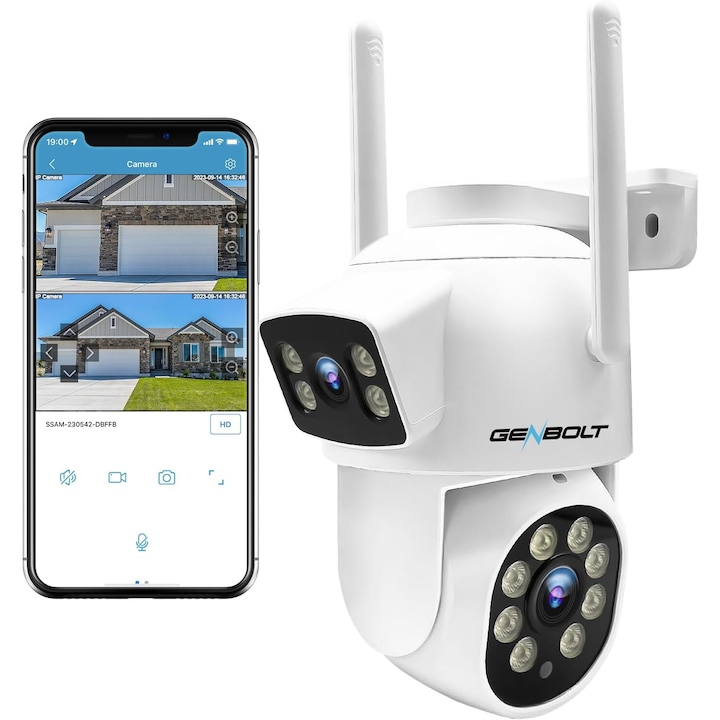GENBOLT® WIFI Двойна CCTV камера за видеонаблюдение, 4MP Full HD, за външна/вътрешна употреба, 2.4/5.8Ghz WIFI, 4X увеличение, 355° въртене, DC/PoE, цветно нощно виждане, двупосочна комуникация, аларма, проследяване на хуманоид, бяла