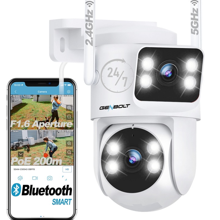 GENBOLT® Безжична камера за видеонаблюдение с 2 обектива, 4MP, за външна/вътрешна употреба, 2.4/5.8Ghz WIFI, 4X увеличение, 355° въртене, DC/PoE, интелигентно проследяване, цветно нощно виждане, двупосочна комуникация, разпознаване на човек, аларма, бяла