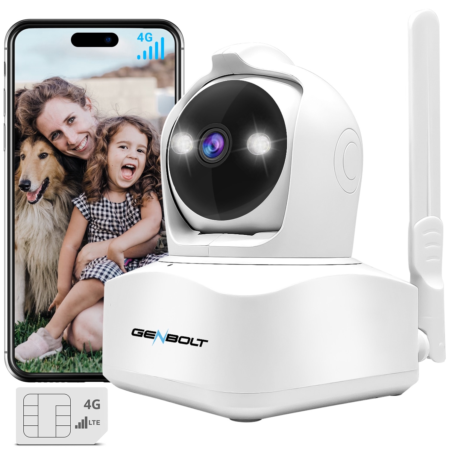 Camera de supraveghere interior IP GENBOLT®, Conexiune 4G, Detectare persoana, Audio Bidirectional, Detectarea smart a miscarilor, Pan/Tilt, Utilizare Baby Monitor Wireless Audio Video, Color Night Vision, stocare card/cloud, Alb
