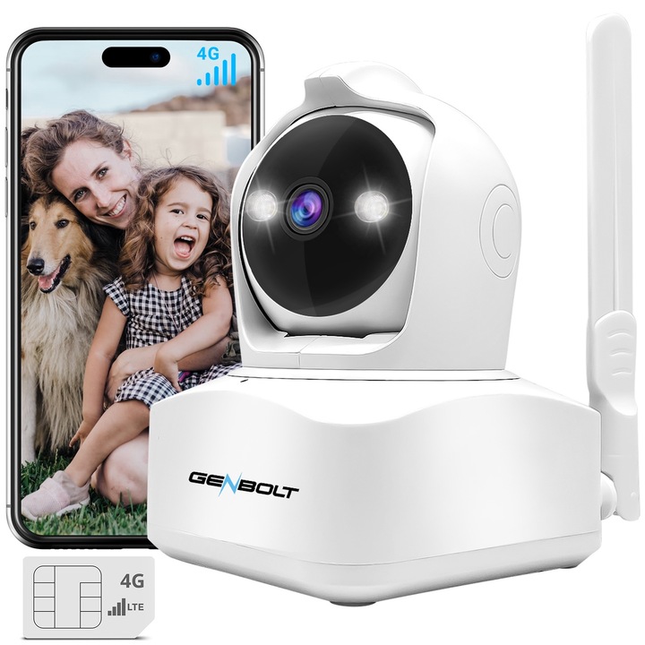 GENBOLT IP вътрешна камера за наблюдение, 4G връзка, Smart IR, двупосочно аудио, Smart motion detection, Pan/Tilt, Use Baby Monitor Wireless Audio Video, нощно виждане, карта/облачно съхранение, Бял