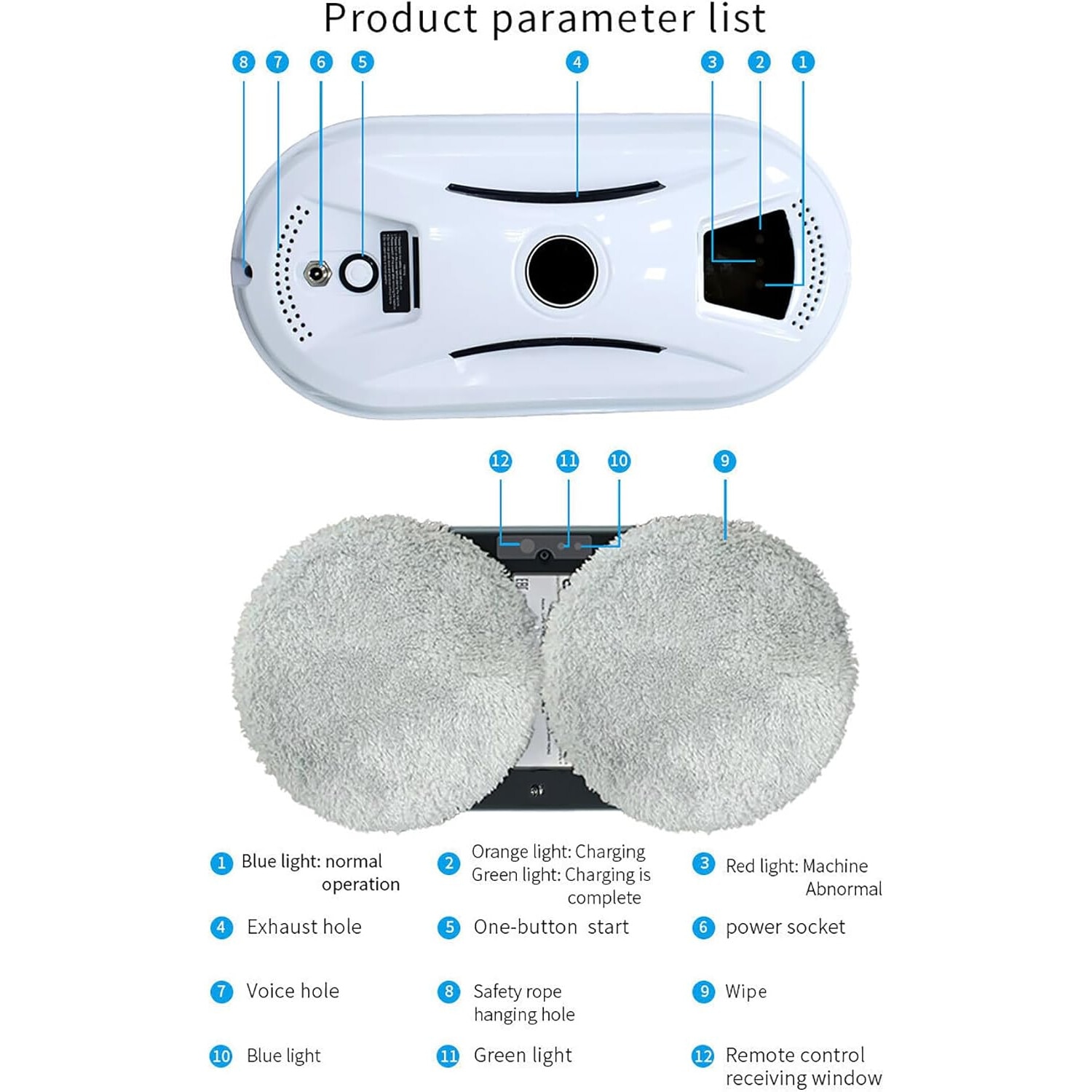 Robot de curatat geamuri, WALALLA, 5600Pa, cu telecomanda, 10 lavete, alb/negru, 280x130x90mm