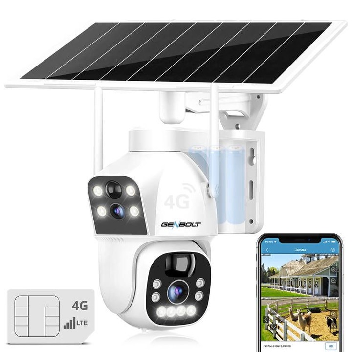 Комплект Двойни камери за наблюдение GENBOLT, соларни, SIM карта, 4G връзка, 4MP Full HD, 4X увеличение, режим Clear Night Vision, интелигентни сензори за движение, IP66 водоустойчивост, карта/облак за съхранение, двупосочна комуникация, 12000 mAh батерии