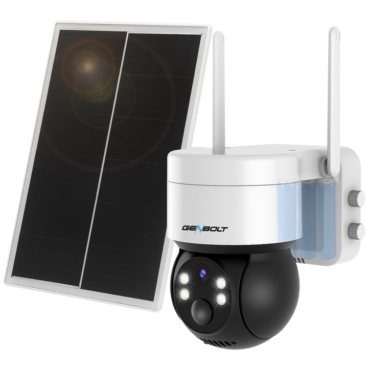 GENBOLT® kültéri megfigyelő kamera napelemmel, WIFI kapcsolat, 2K Ultra-HD, 18650 mAh akkumulátorok, éjszakai látás, kétirányú kommunikáció, intelligens mozgásérzékelők, valós idejű riasztások, 360°-os nézet, többfelhasználós, vízálló