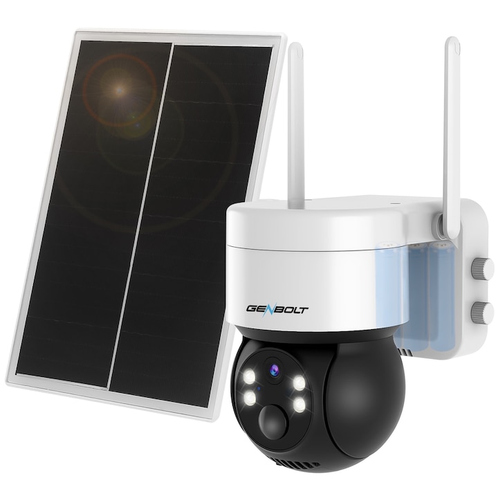 GENBOLT външна камера за наблюдение, със соларен панел, WIFI връзка, 2K Ultra-HD, 15000 mAh батерии, нощно виждане, двупосочна комуникация, интелигентни сензори за движение, сигнали в реално време, 360° изглед, мулти-потребител, водоустойчивост